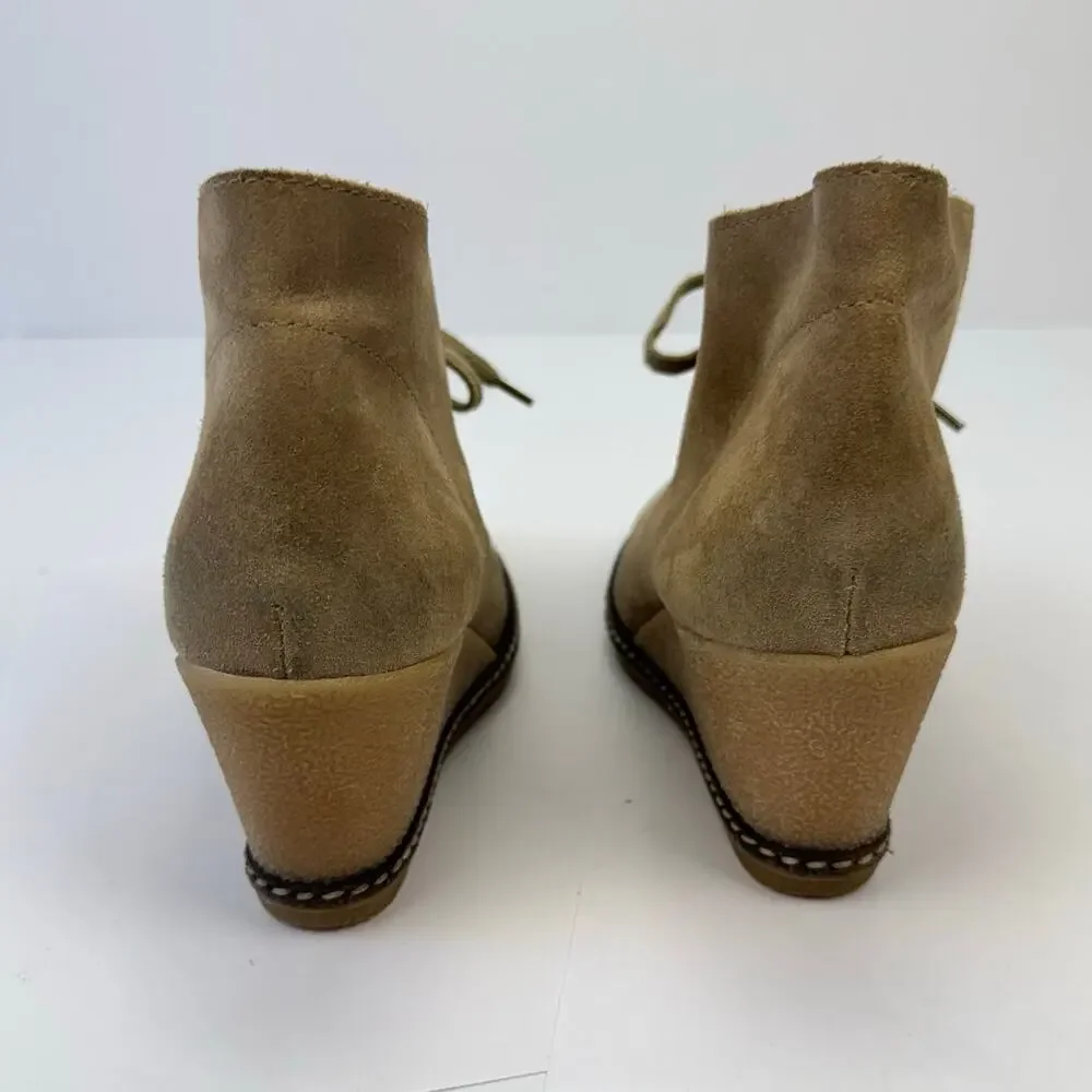 J. Crew Tan Suede Leather Made in Italy Lace Up Wedge Heel Booties‎ Sz 7 Preppy